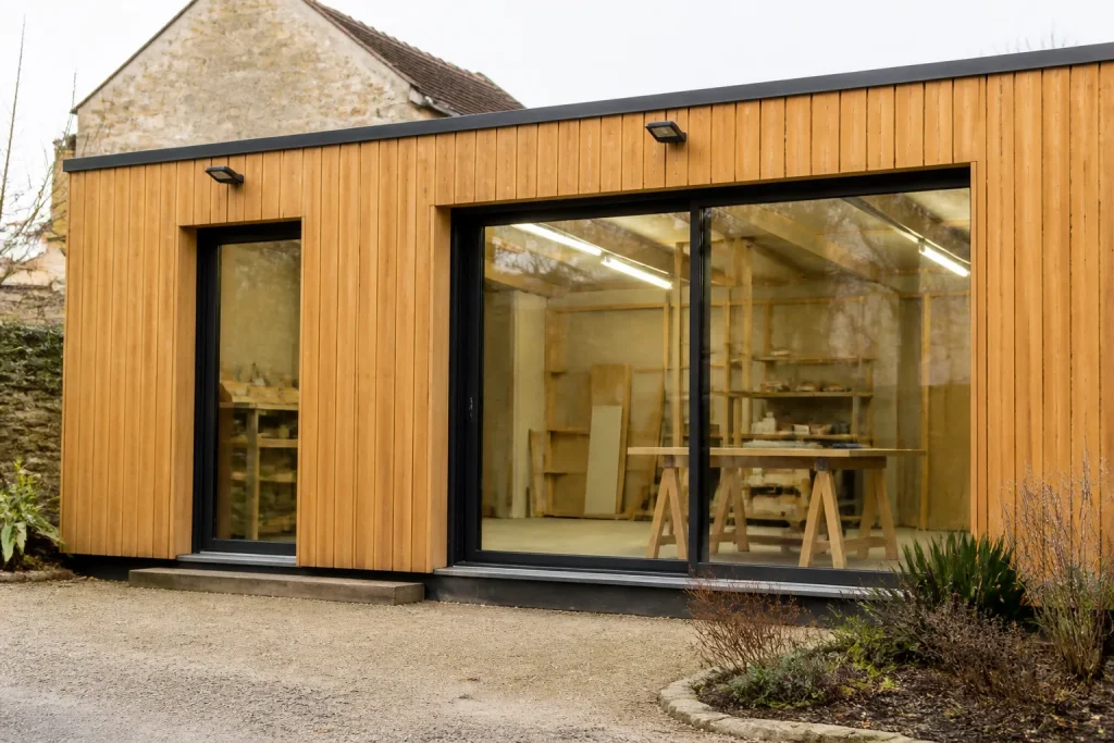 Petit atelier neuf avec baies vitrees et enseigne lumineuse