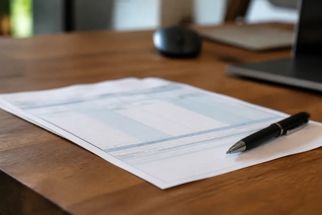 Bulletin de paie et stylo sur bureau en bois