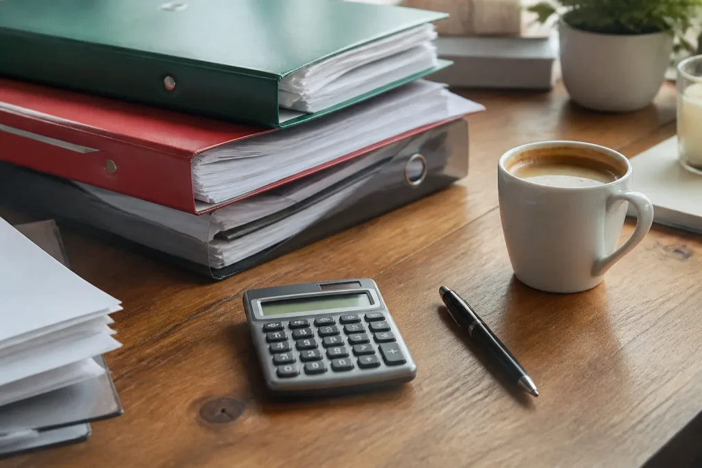 Bureau en bois avec classeurs calculatrice et cafe