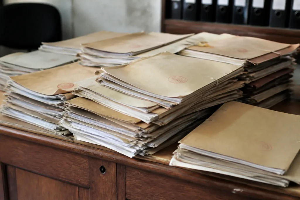 Bureau en bois couvert de dossiers papier tampon rouge