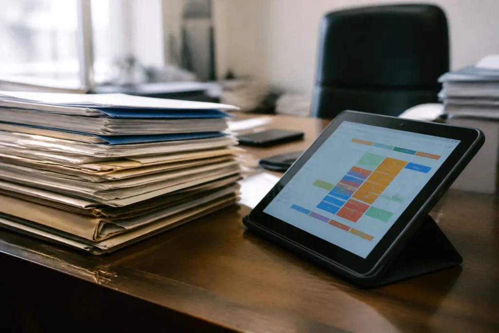 Bureau avec dossiers et tablette affichant un tableau colore