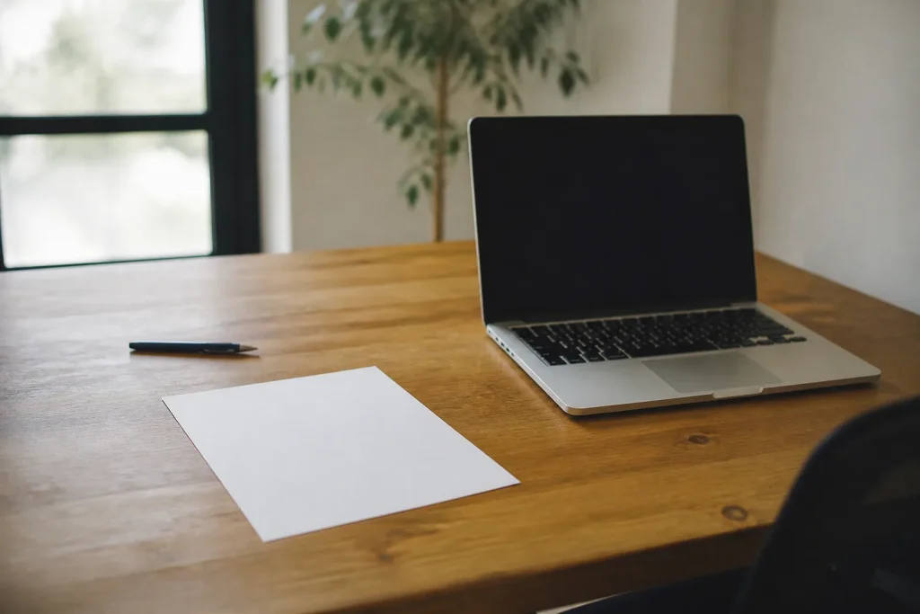 Bureau vide avec ordinateur portable et formulaire papier vierge