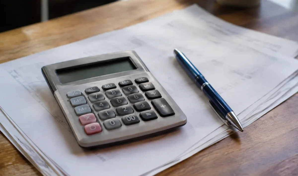 Calculatrice grise posee sur une facture, stylo a cote