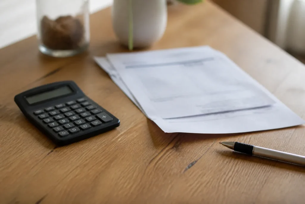 Calculatrice, stylo et facture sur un bureau en bois