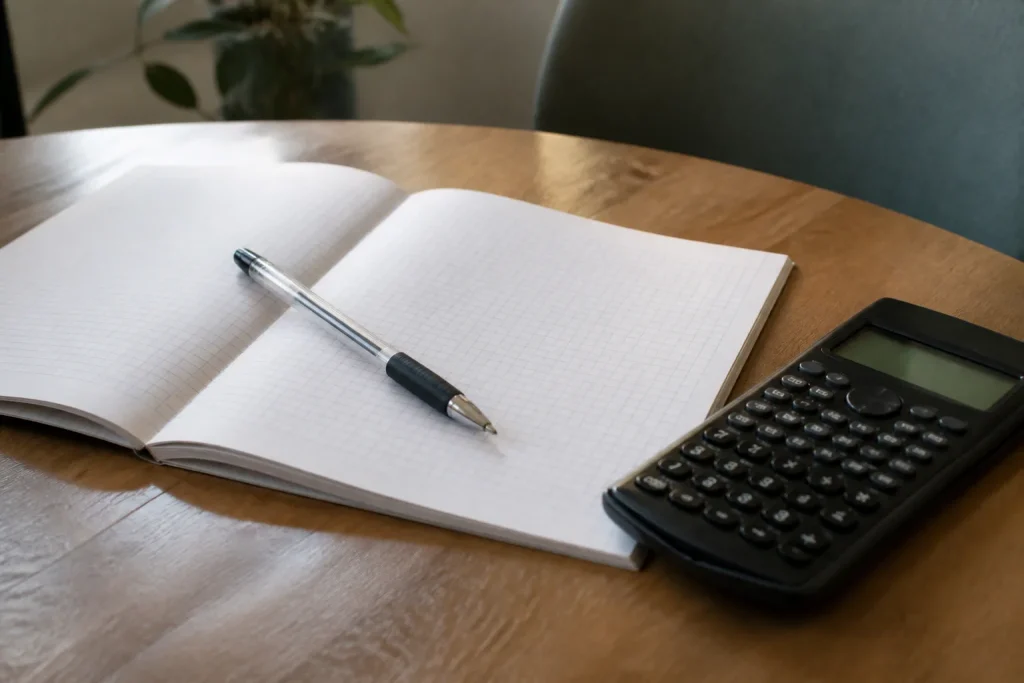 Carnet ouvert, calculatrice et stylo sur bureau