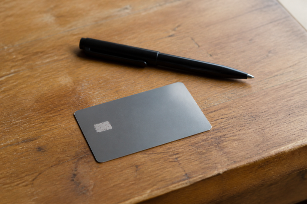 Carte bancaire et stylo sur un bureau en bois