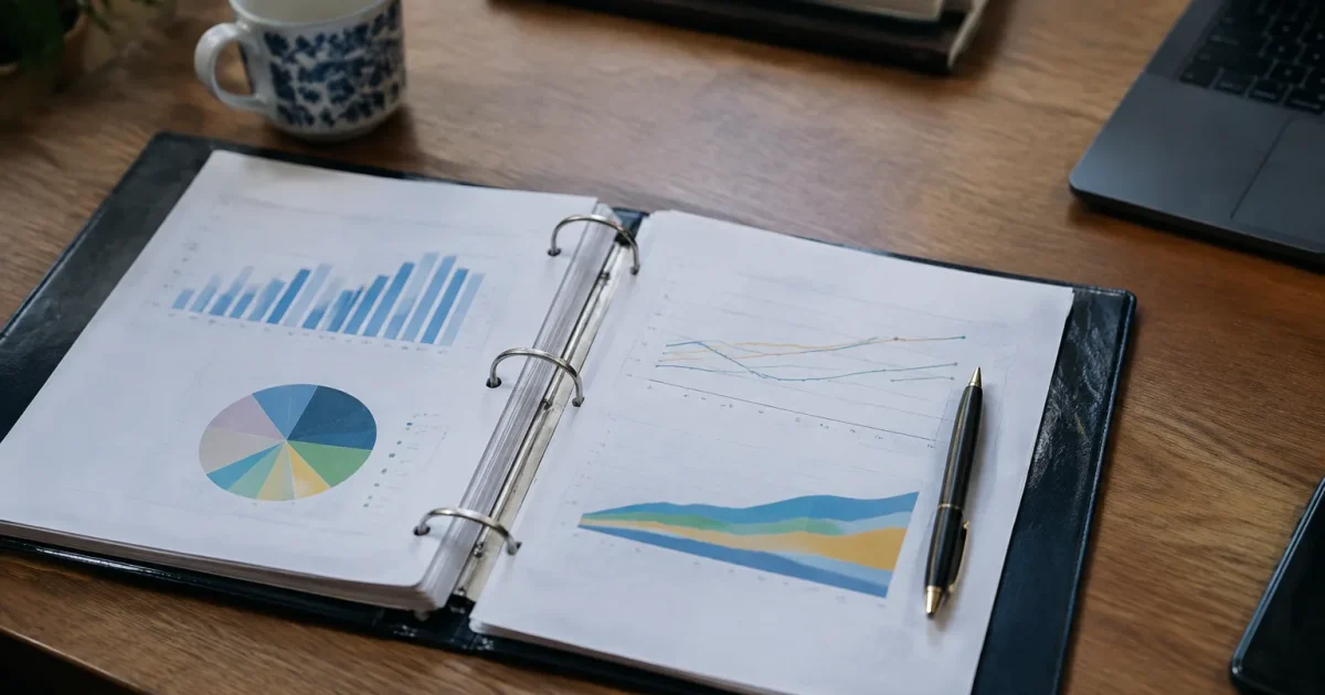 Classeur ouvert sur bureau avec graphiques et stylo