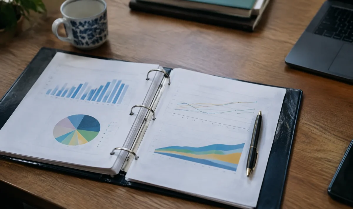 Classeur ouvert sur bureau avec graphiques et stylo