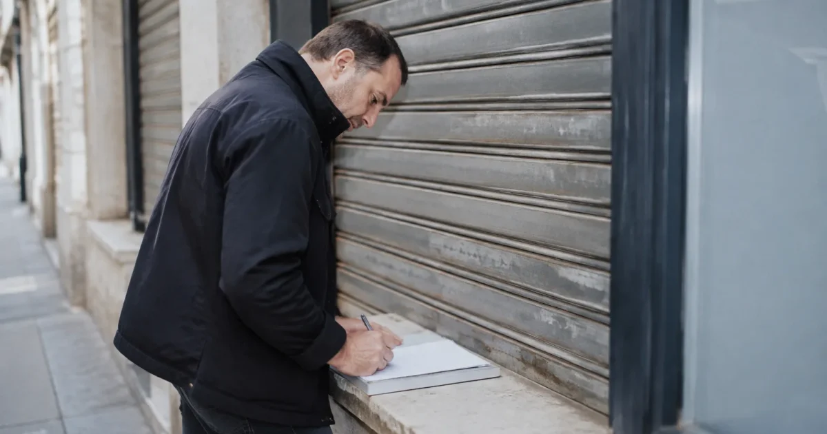 Commercant signant un formulaire devant sa boutique fermee
