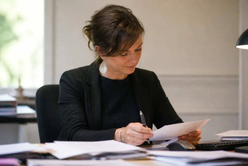 Conseiller examinant un dossier papier avec stylo au bureau