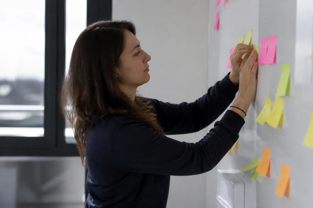 Consultante collant des notes colorees sur tableau blanc