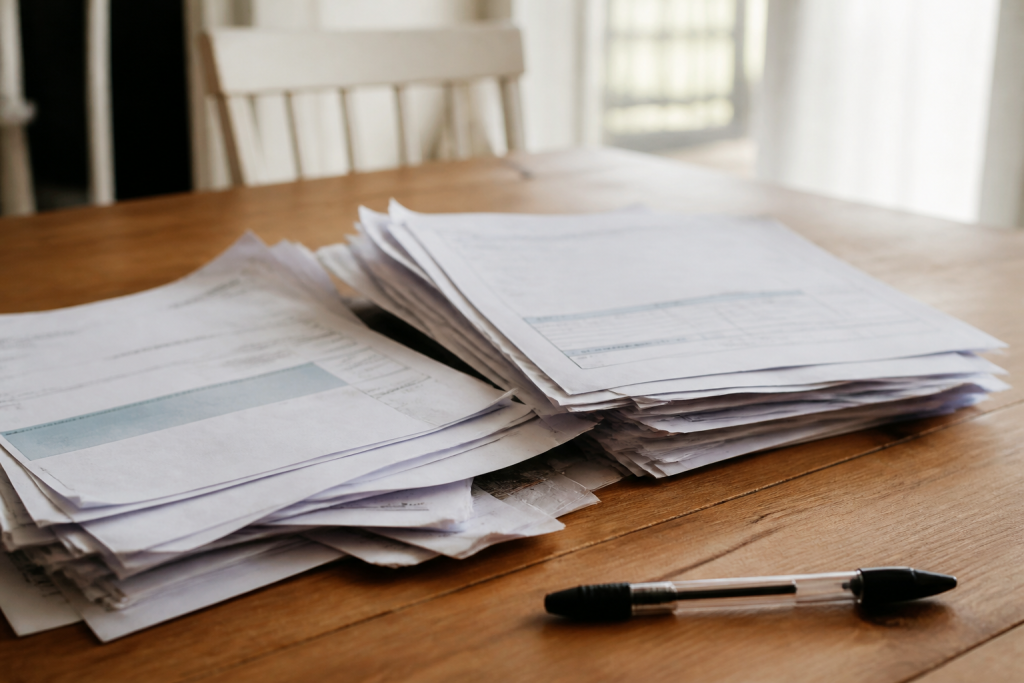 Devis et factures papier sur un bureau en bois