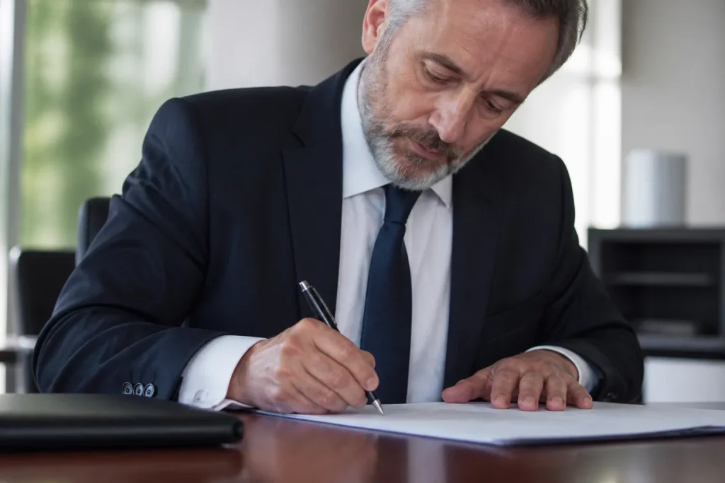Dirigeant signant un document officiel avec stylo