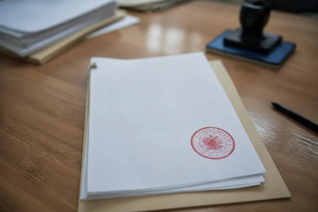 Document officiel avec tampon rouge sur un bureau