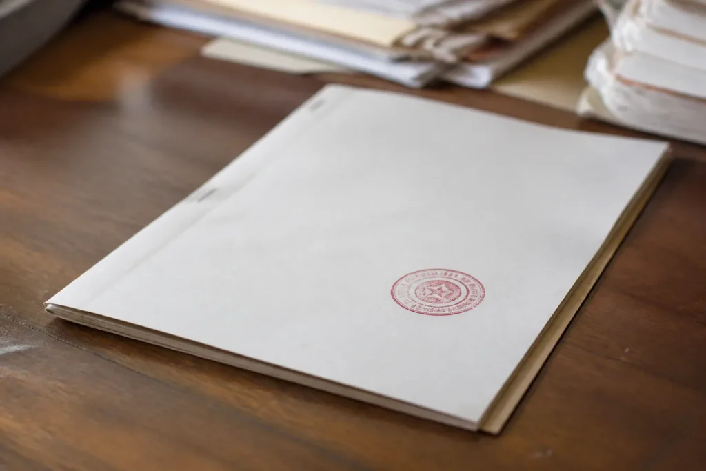 Document officiel avec tampon rouge sur bureau en bois