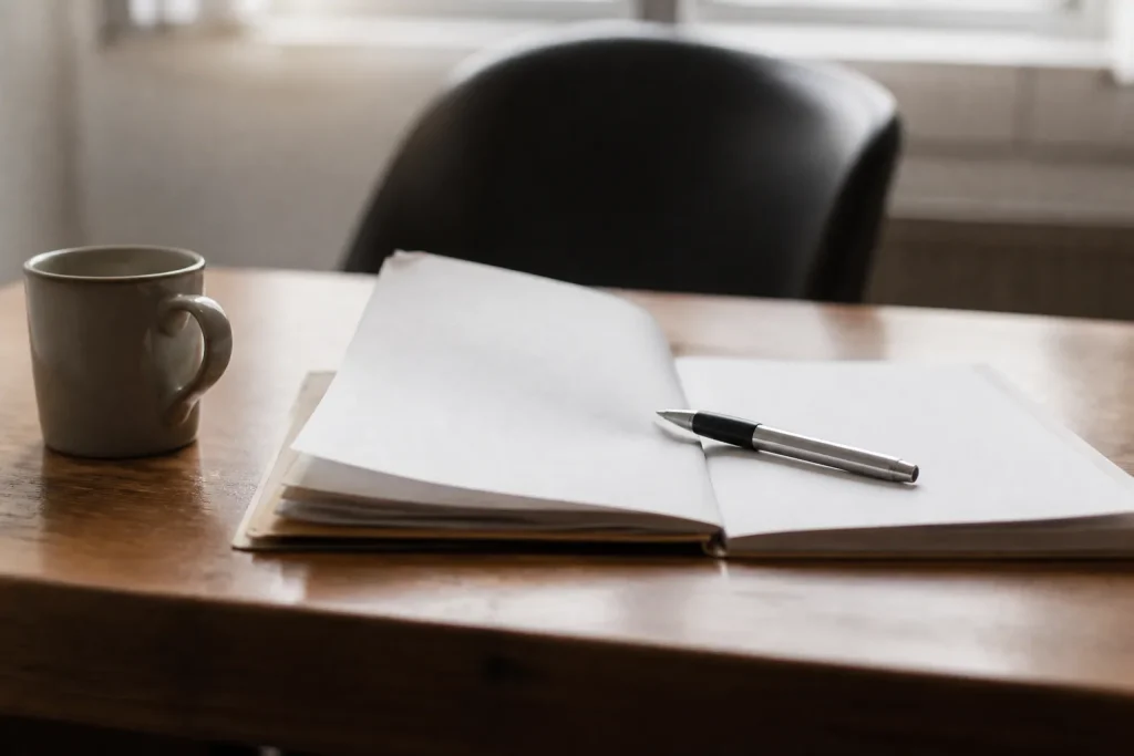 Dossier ouvert, stylo et tasse de cafe sur bureau