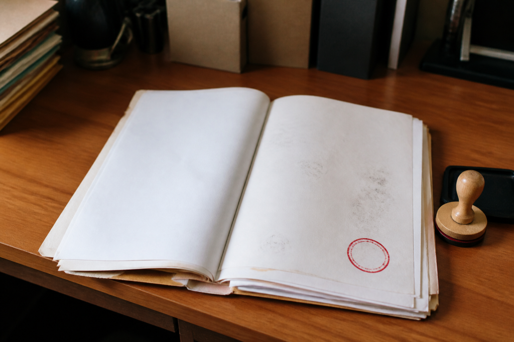 Dossier papier ouvert avec tampon rouge sur bureau