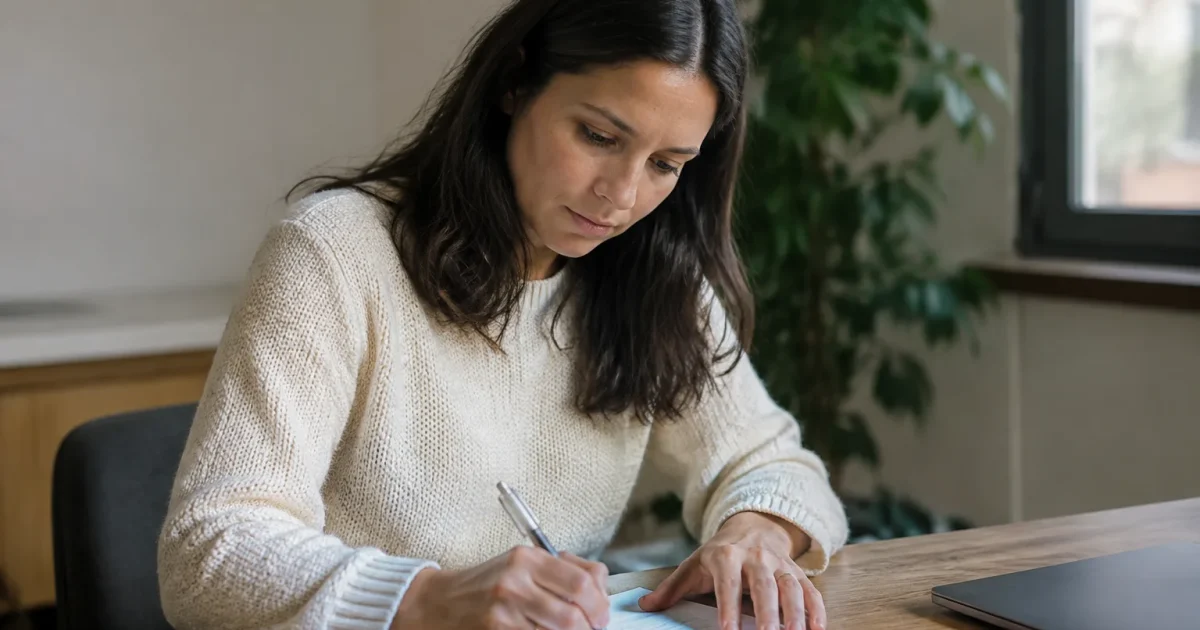 Une employee assise signe un document sur un bureau