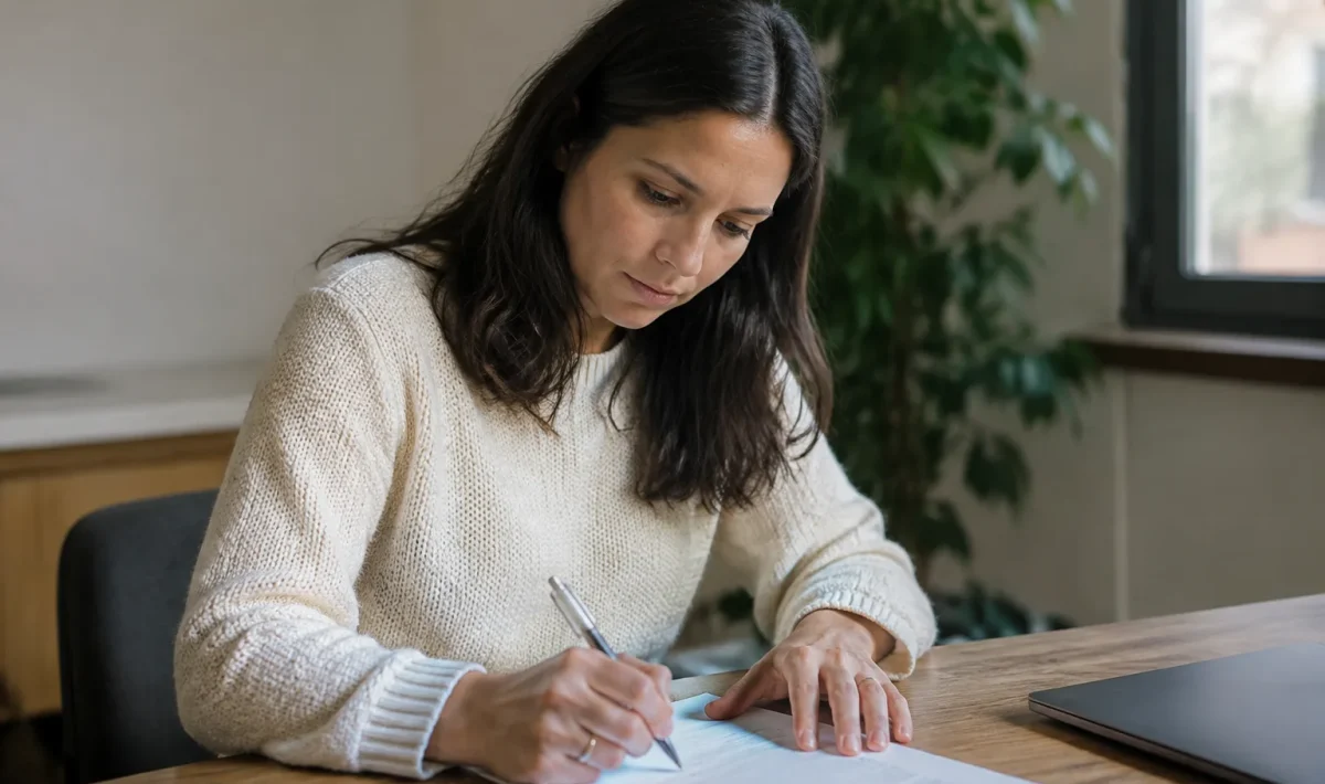 Une employee assise signe un document sur un bureau