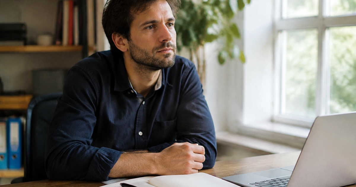 Entrepreneur assis au bureau, statuts ouverts et stylo posé