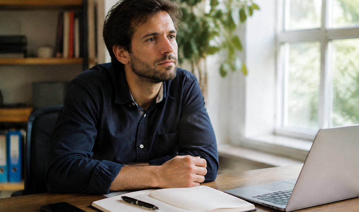 Entrepreneur assis au bureau, statuts ouverts et stylo posé