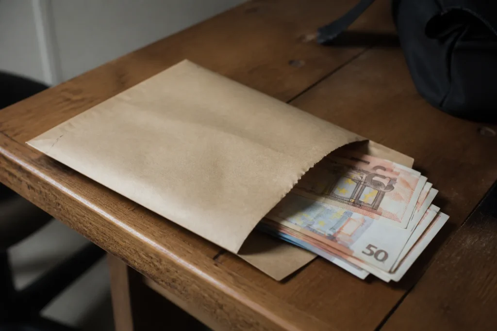 Enveloppe brune et billets sur un bureau en bois