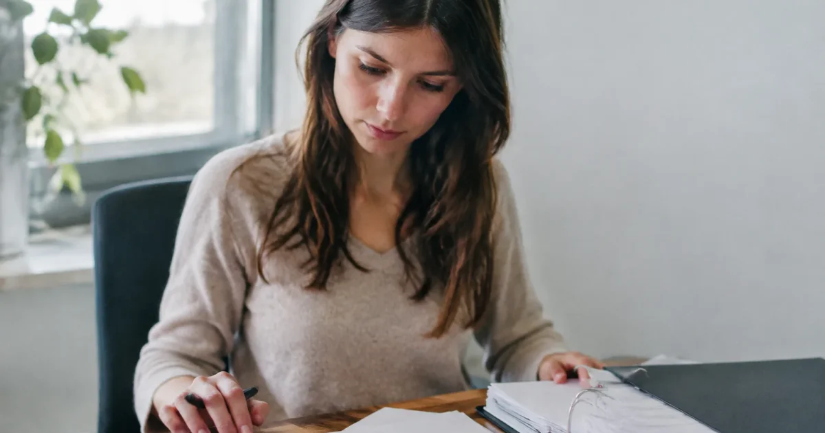Femme assise au bureau avec calculatrice et classeur
