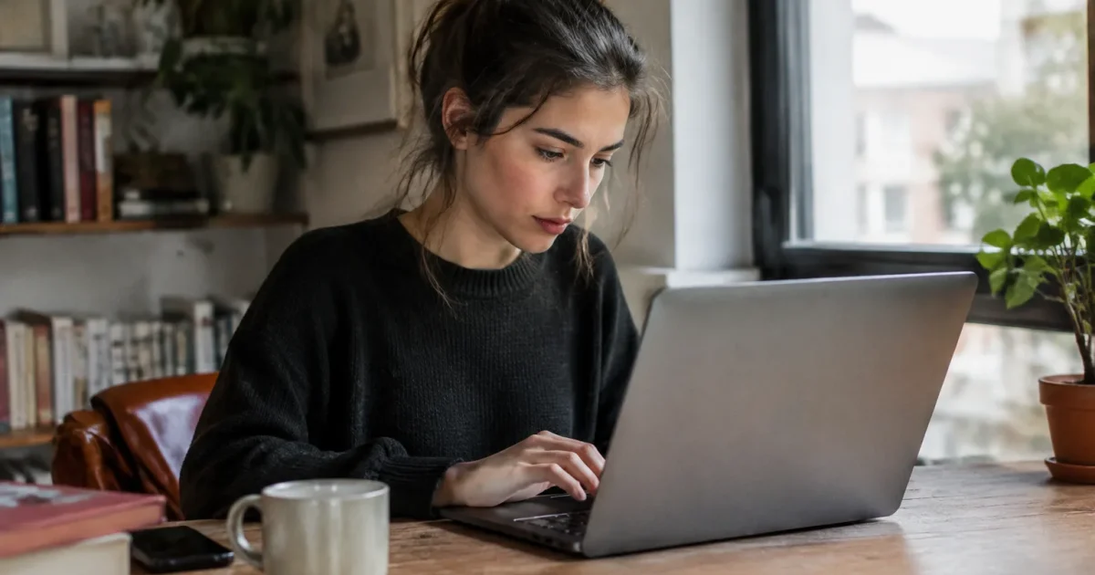 Femme assise devant un ordinateur portable ouvert sur bureau