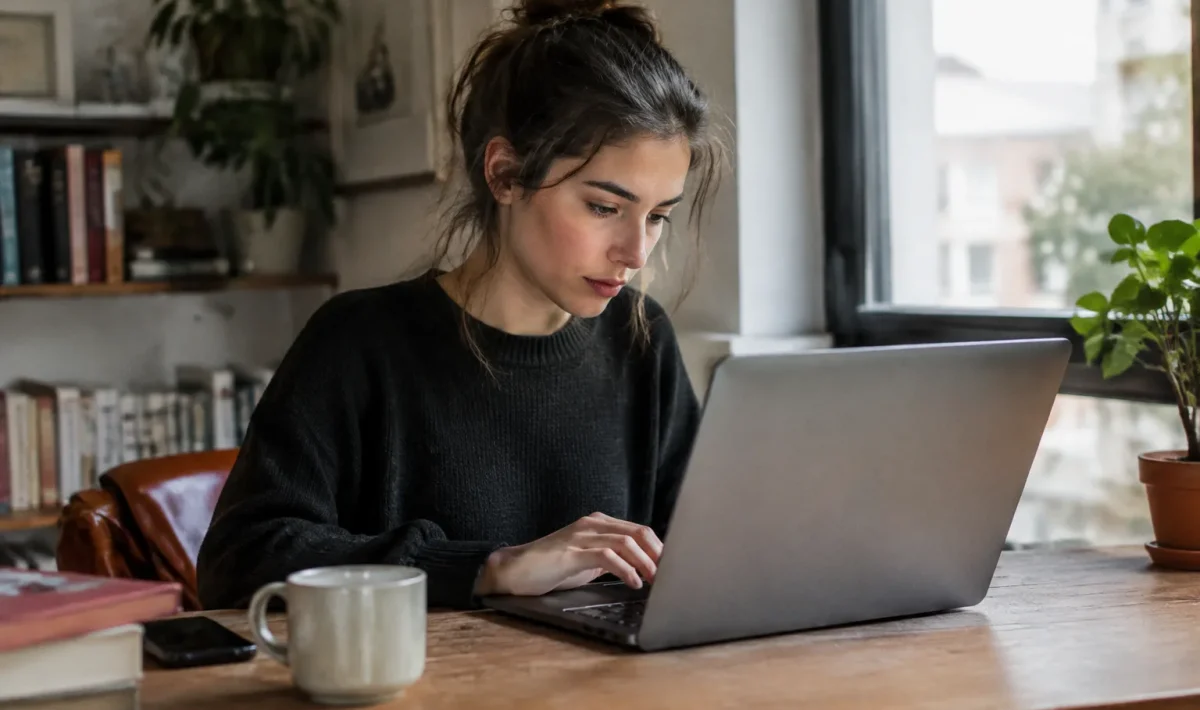 Femme assise devant un ordinateur portable ouvert sur bureau