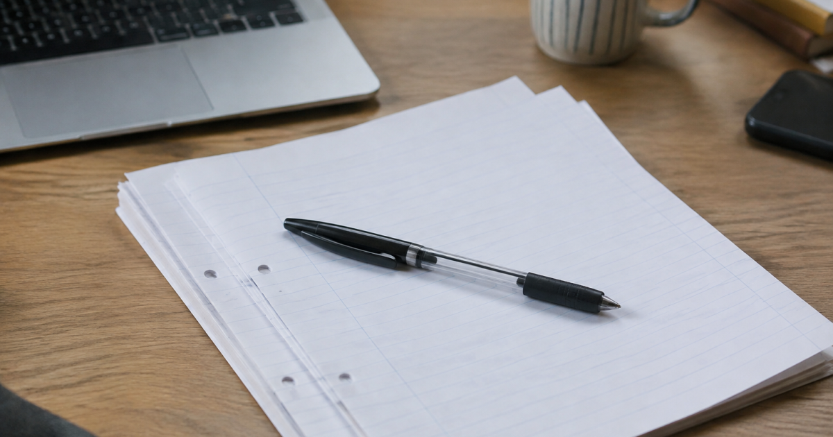 Feuillets papier alignes sur bureau, stylo pose en travers