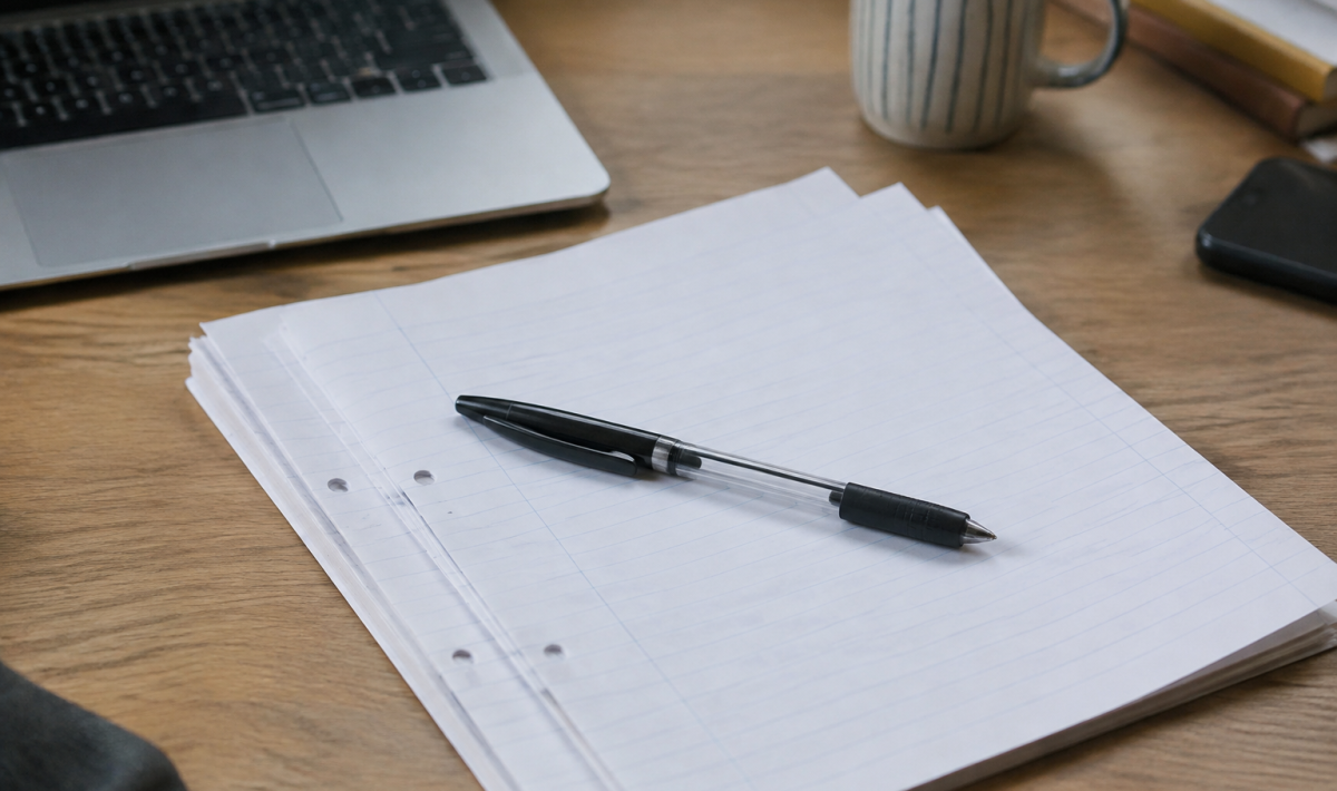 Feuillets papier alignes sur bureau, stylo pose en travers