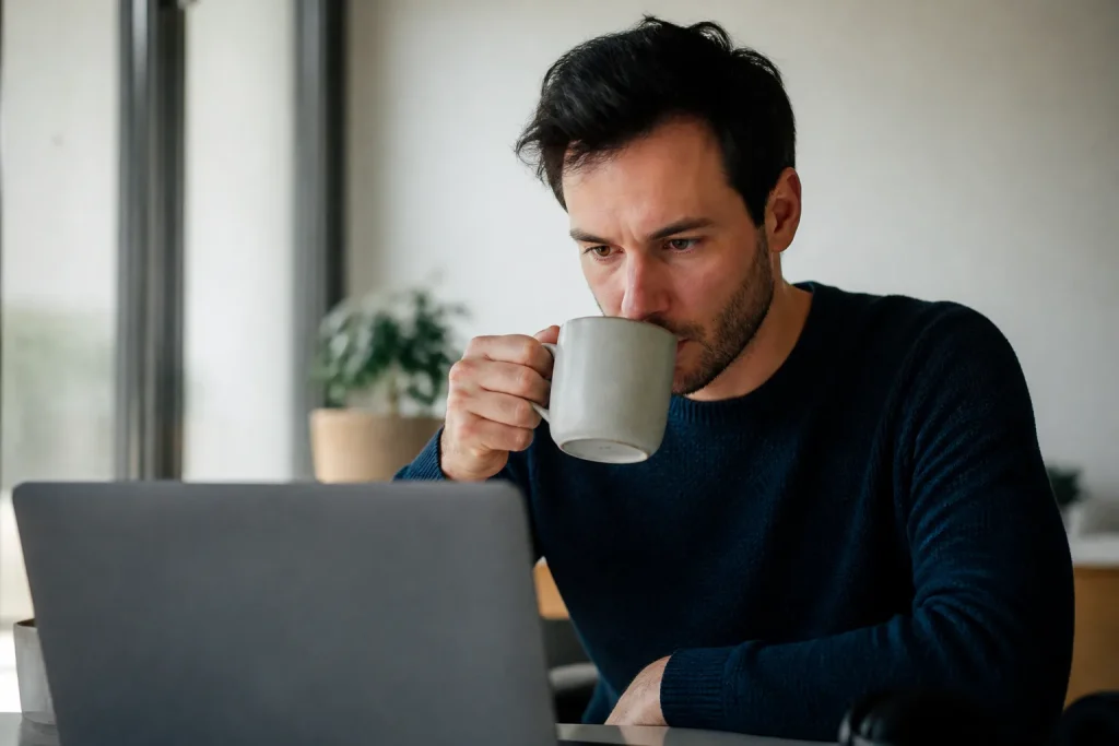 Homme assis devant un ordinateur portable tasse de cafe