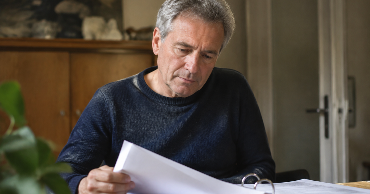 Homme aux cheveux gris assis devant un dossier
