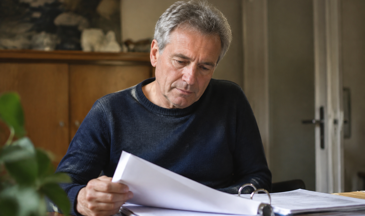 Homme aux cheveux gris assis devant un dossier