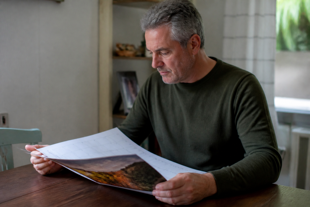 Homme aux cheveux gris consultant un calendrier papier