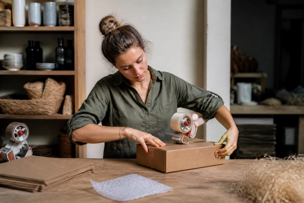 Independant emballant colis cartonnes sur table en bois