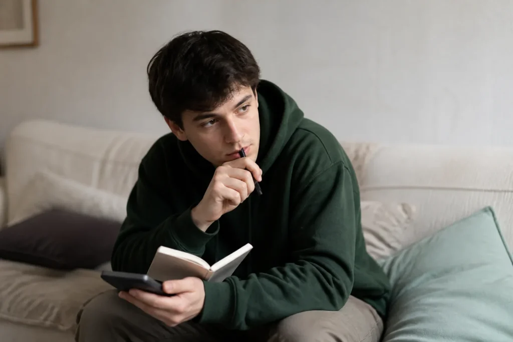 Jeune homme pensif tenant un carnet et une calculatrice
