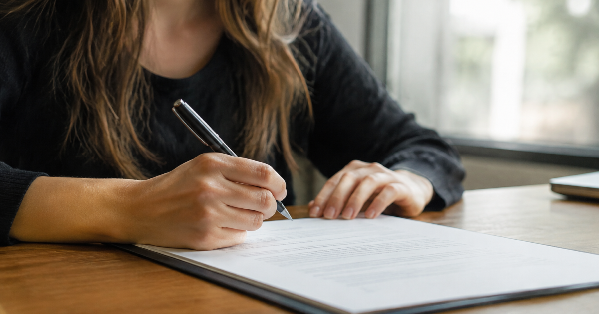 Main tenant un stylo sur un contrat ouvert