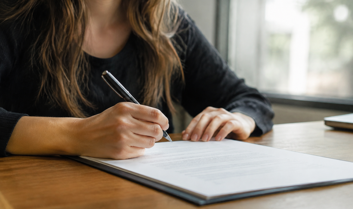 Main tenant un stylo sur un contrat ouvert