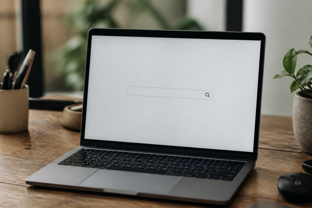 Ordinateur portable sur bureau affichant un moteur de recherche