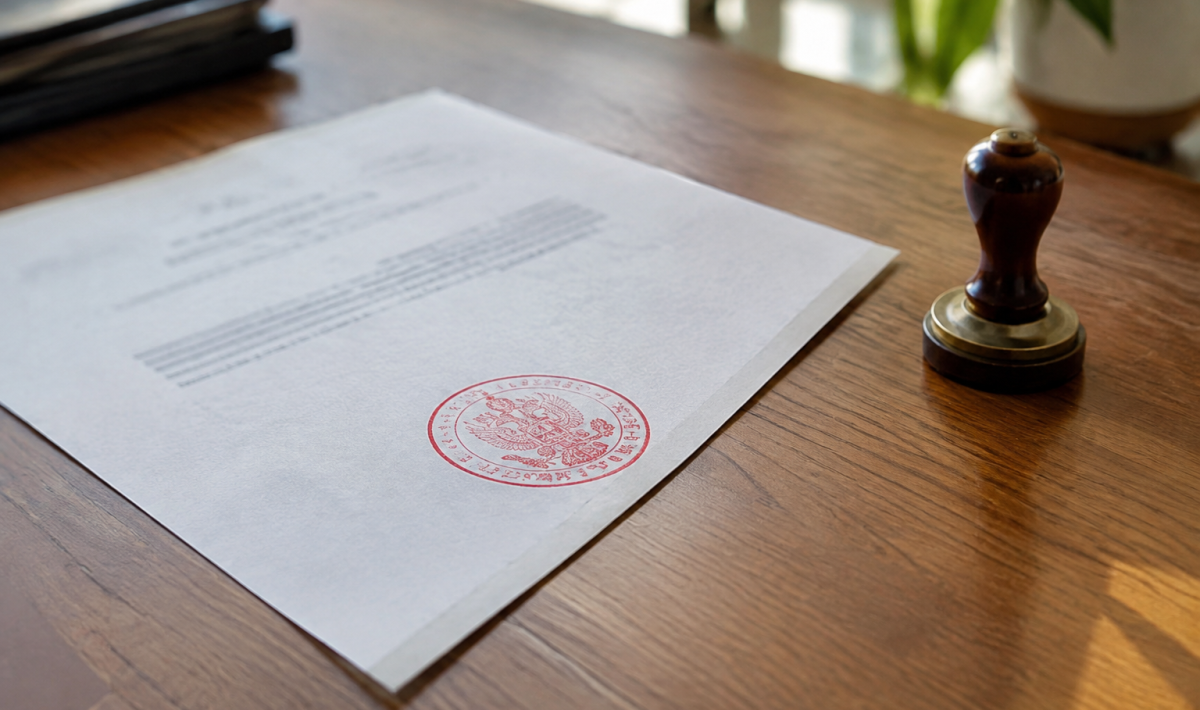 Papier officiel avec tampon rouge pose sur bureau