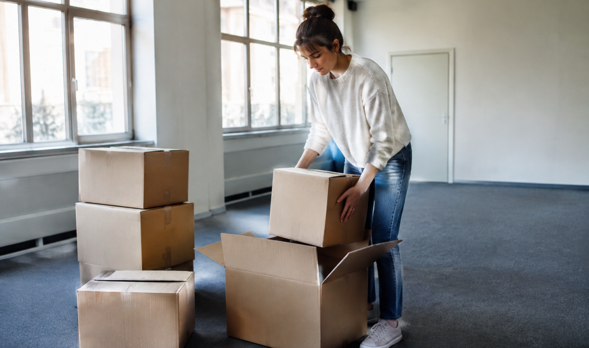 Personne debout range des cartons dans un bureau vide