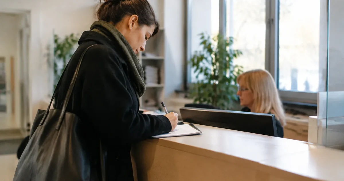 Personne debout remplit un formulaire au comptoir administratif