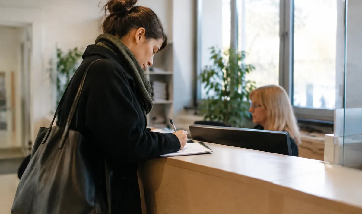 Personne debout remplit un formulaire au comptoir administratif