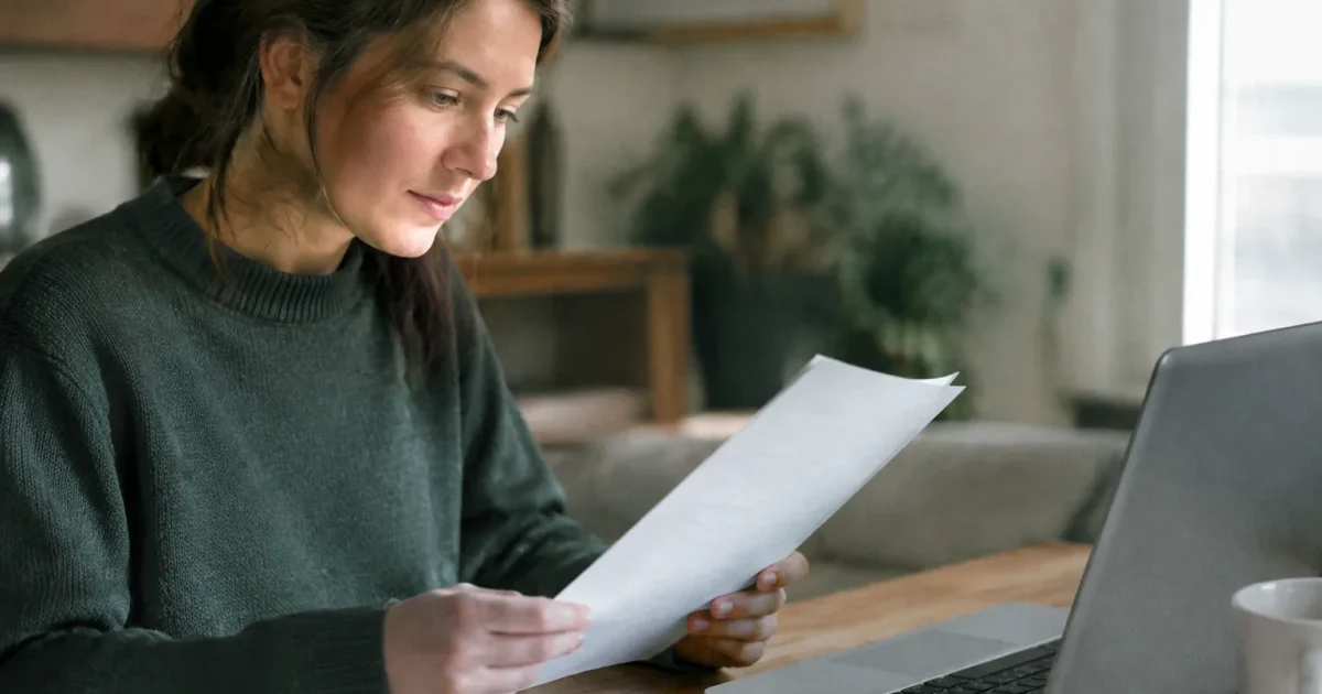 Personne tenant un document imprime pres d'un ordinateur portable