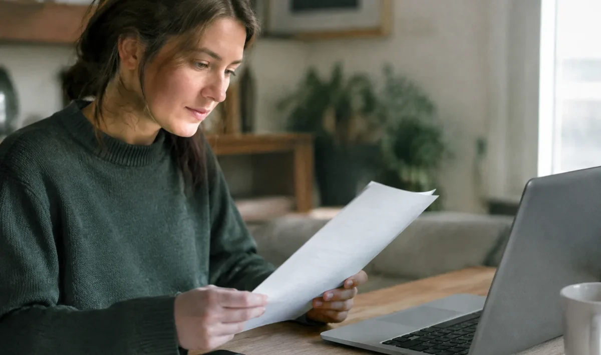 Personne tenant un document imprime pres d'un ordinateur portable
