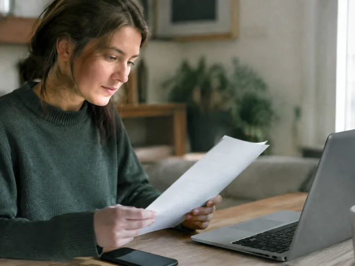 Personne tenant un document imprime pres d'un ordinateur portable