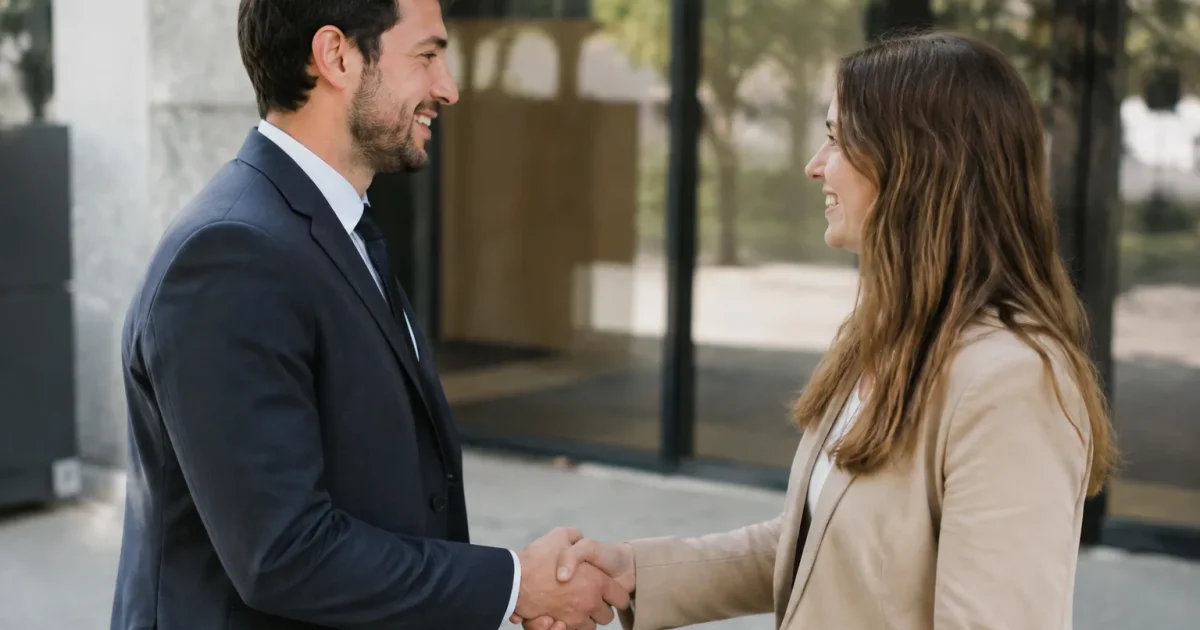 Deux personnes debout se serrent la main