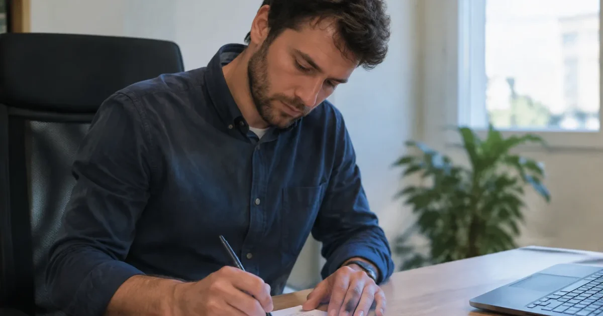 Salarié assis signant un formulaire sur un bureau