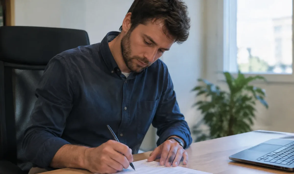Salarié assis signant un formulaire sur un bureau